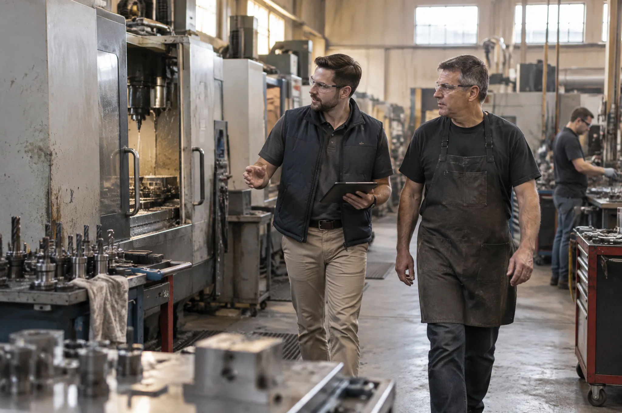 A territory sales rep with a tablet walking a machine-shop floor with the owner