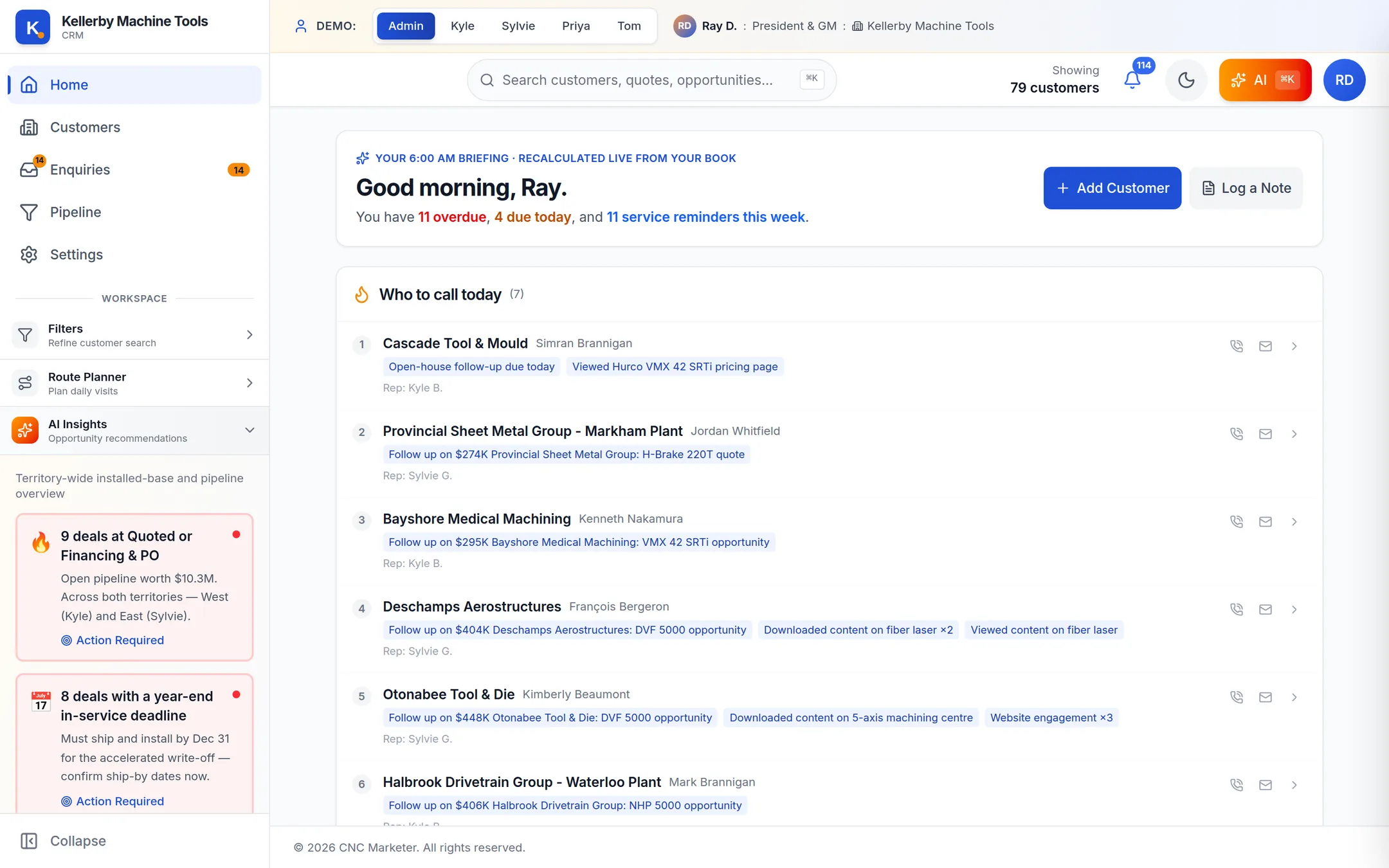 Dealer CRM home screen with today's call list
