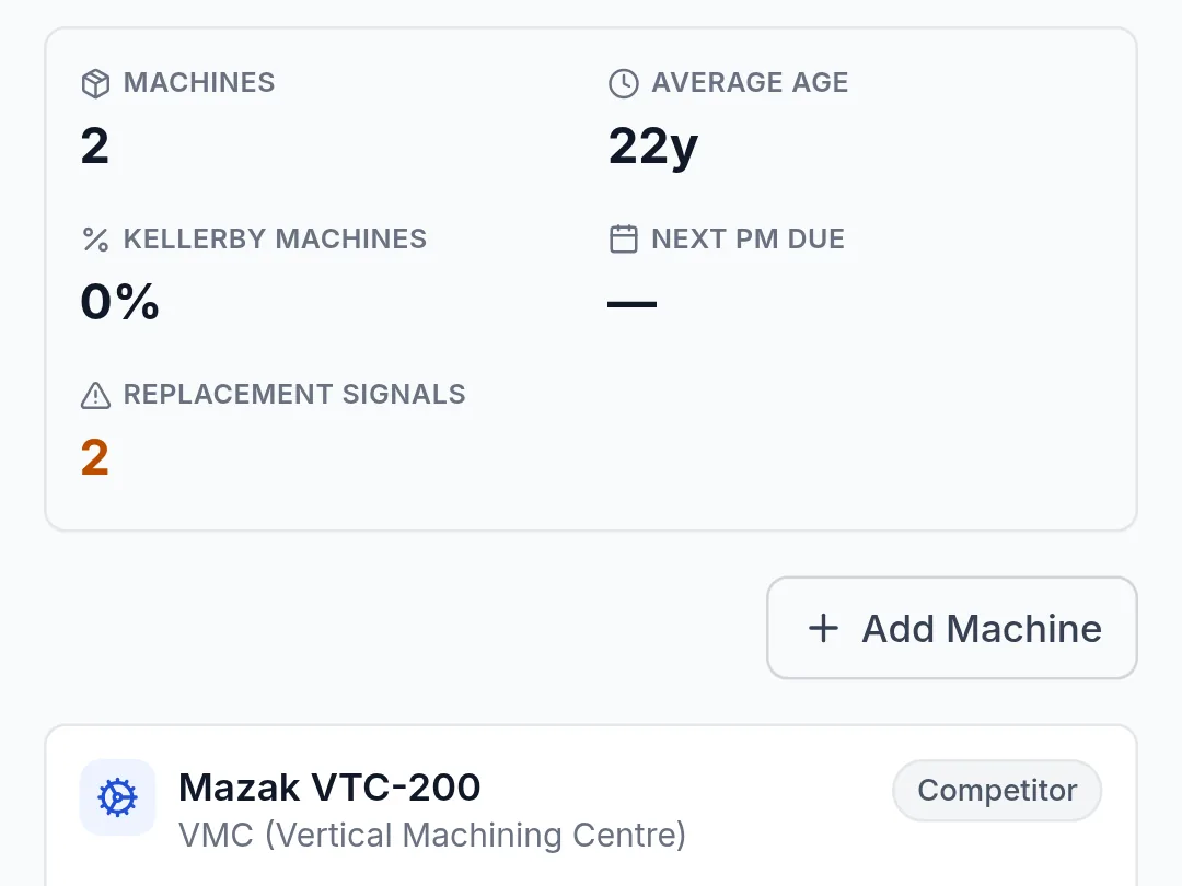 A customer's installed machines on a phone: machine count, average age and replacement signals