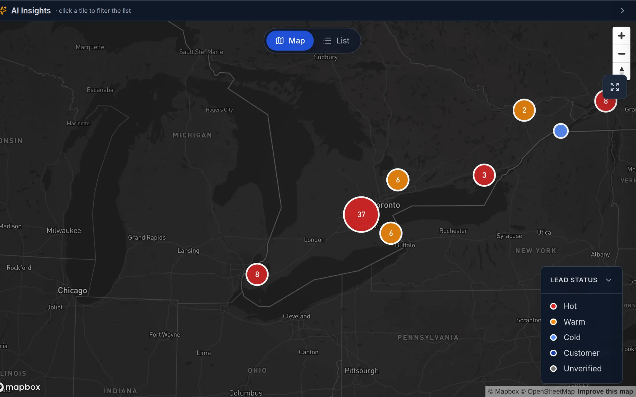 Territory map with customer pins and filters