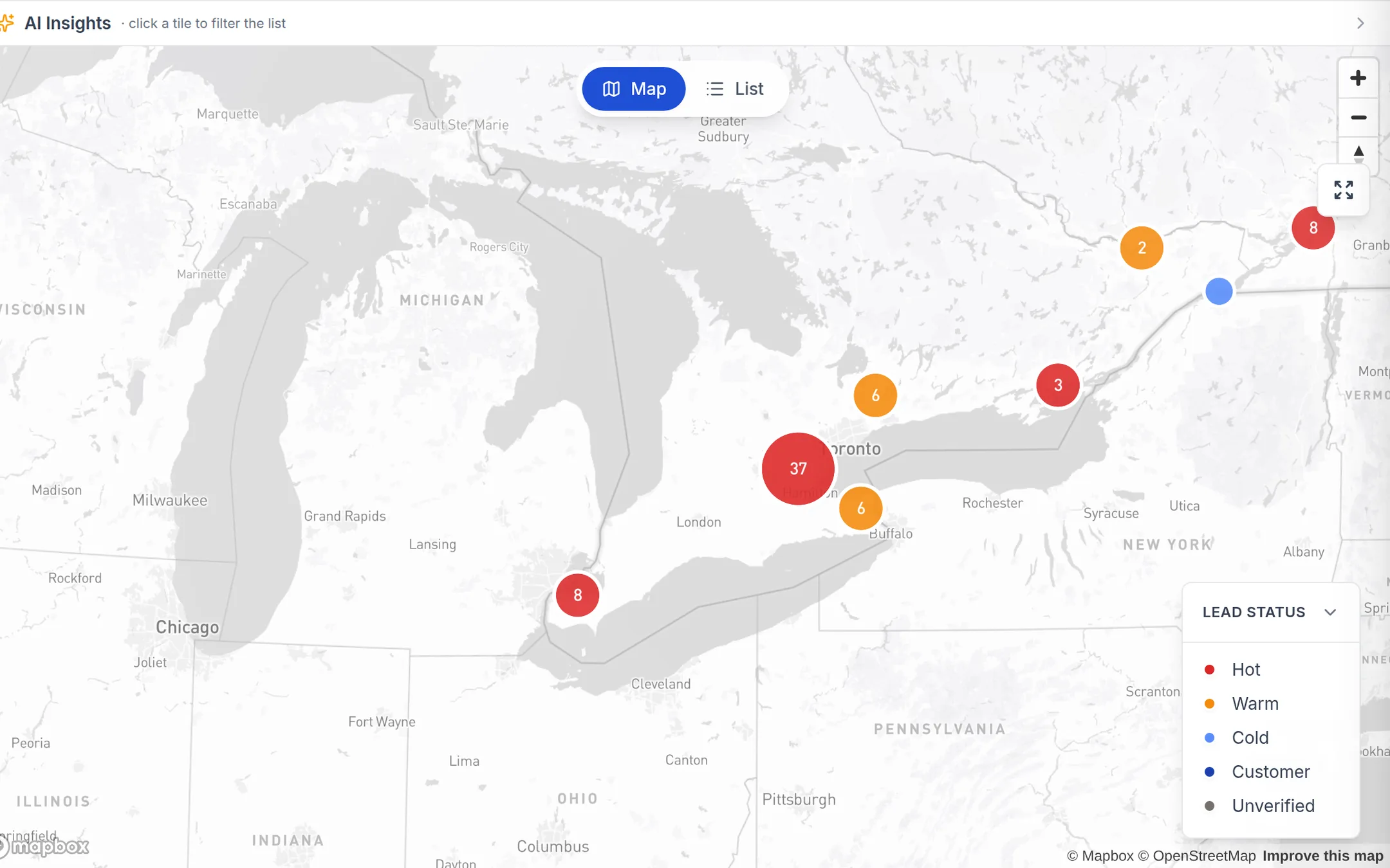 Territory map with customer pins and filters