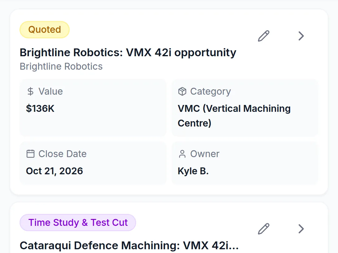 Pipeline on a phone: opportunities with their sales stage, value, machine category and close date