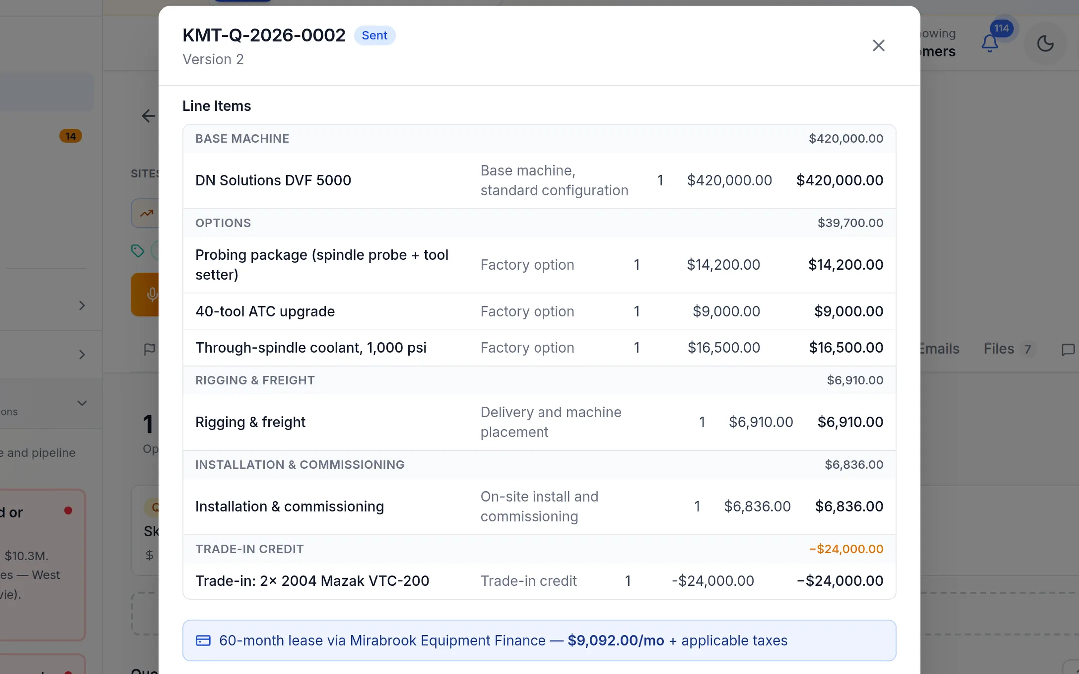 Machine quote with options, trade-in credit and lease payment