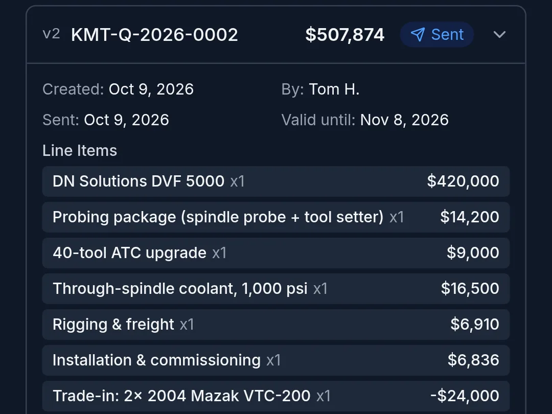 Machine quote on a phone: line items with options and trade-in credit