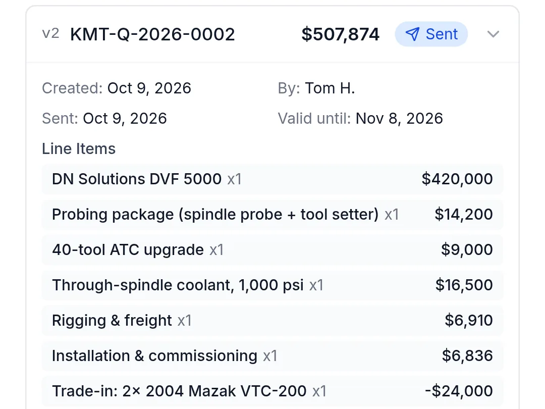Machine quote on a phone: line items with options and trade-in credit