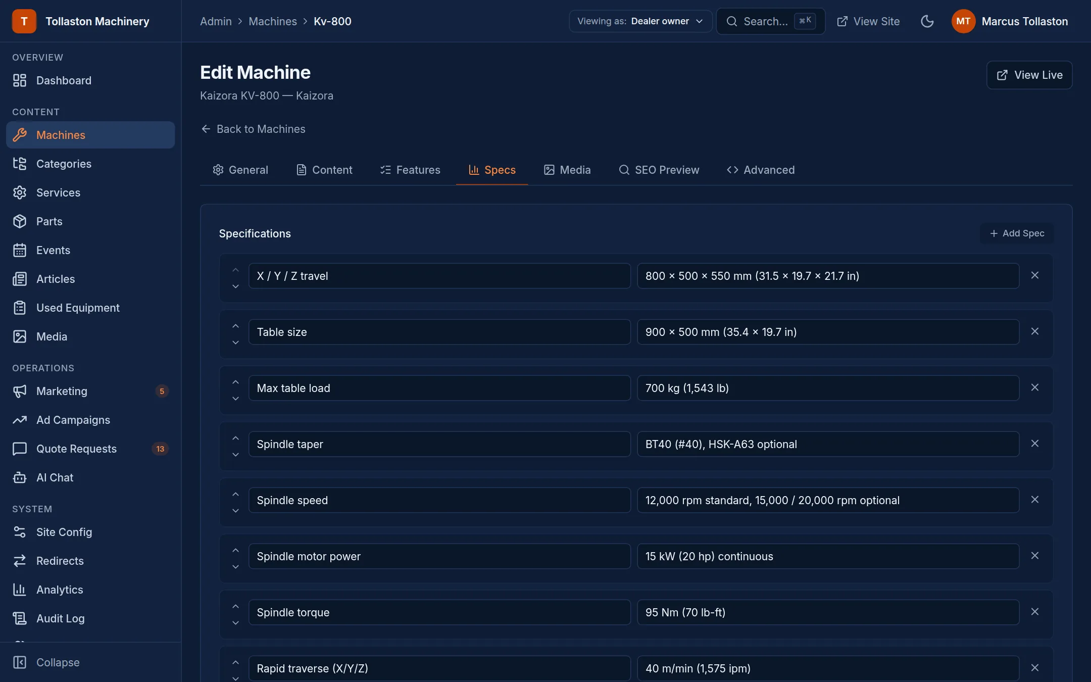Machine editor in the dealer dashboard