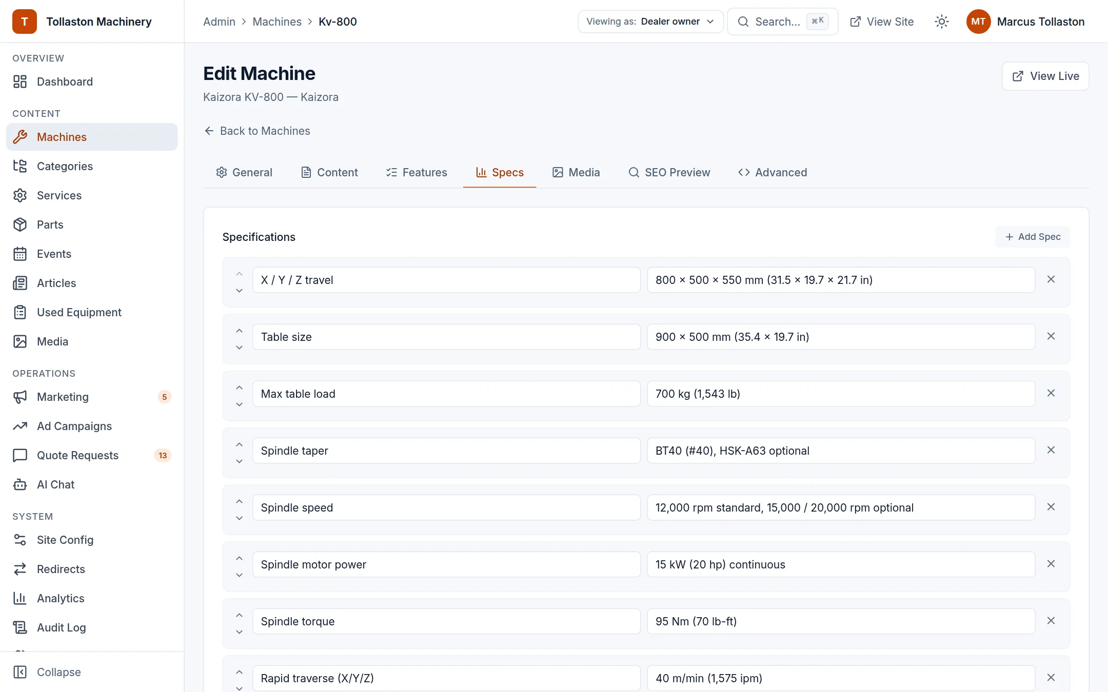 Machine editor in the dealer dashboard
