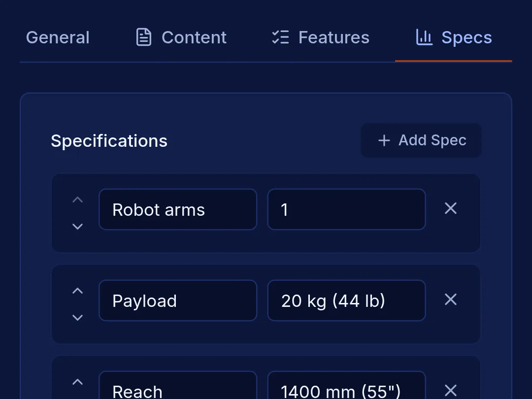 Machine editor on a phone: the Specs tab of a robotic welding cell, with specification names and values