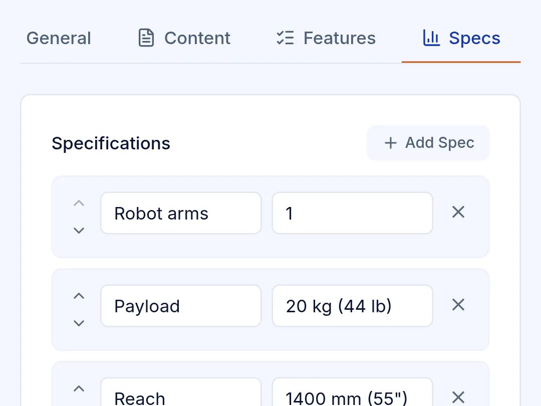 Machine editor on a phone: the Specs tab of a robotic welding cell, with specification names and values