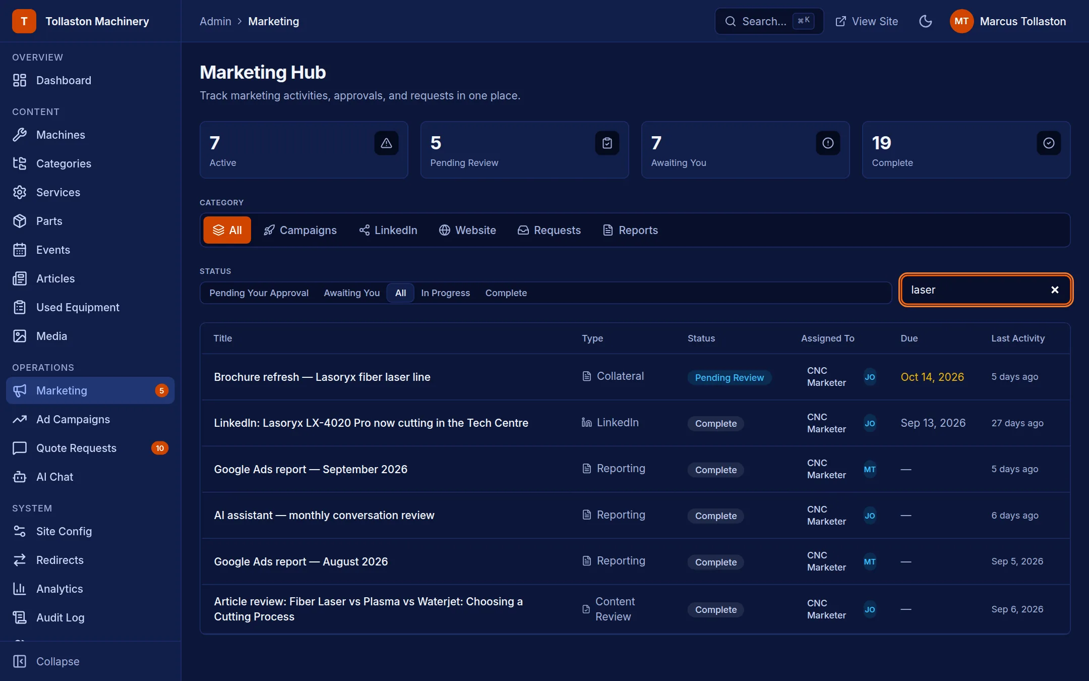 Marketing Hub searched for laser: a brochure pending review, then a completed LinkedIn post and completed reports