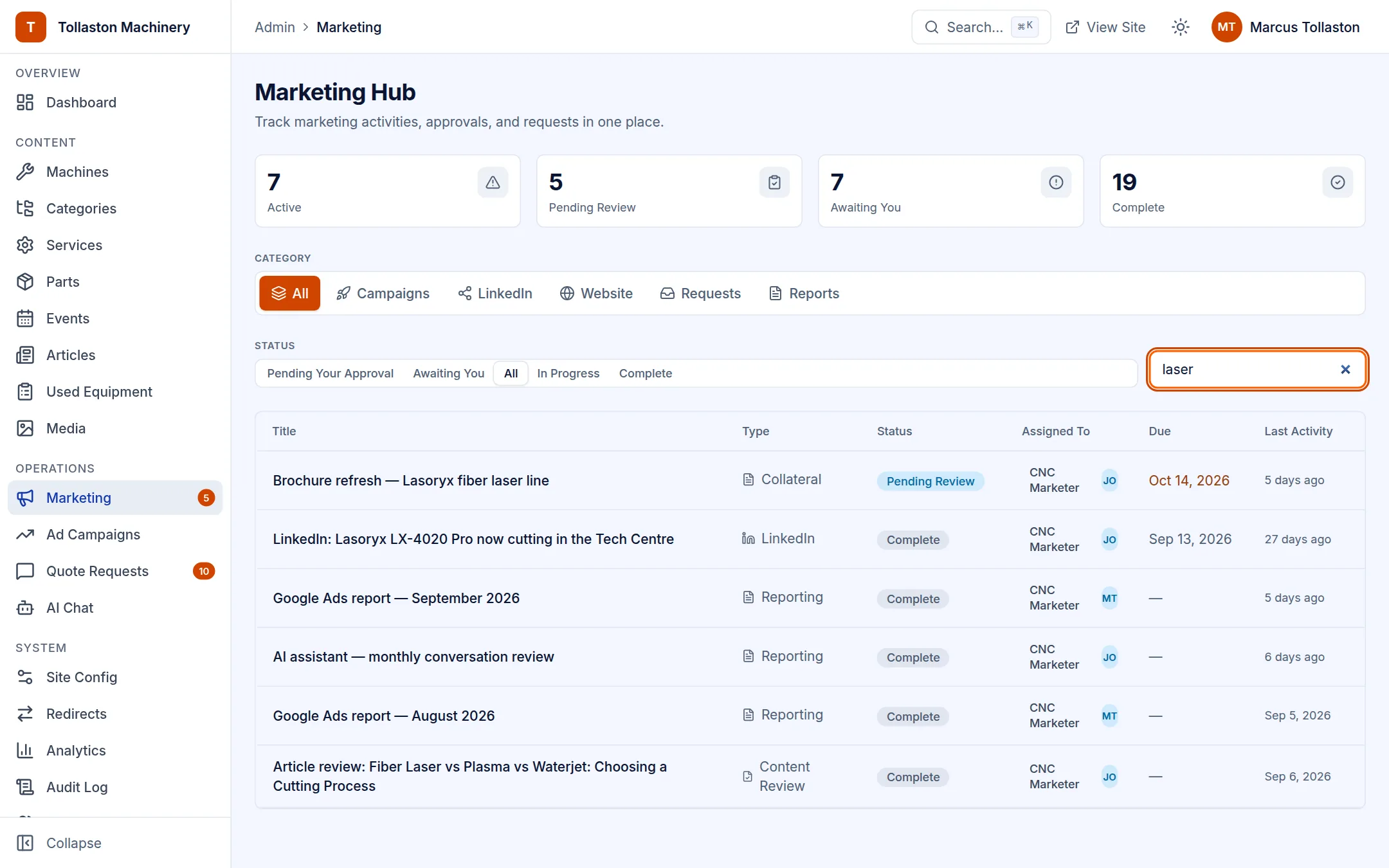 Marketing Hub searched for laser: a brochure pending review, then a completed LinkedIn post and completed reports