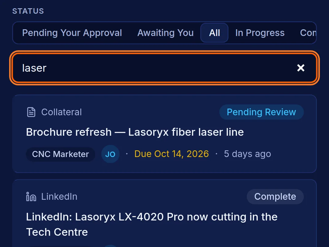 Marketing Hub on a phone, searched for laser: a brochure pending review above one completed LinkedIn post