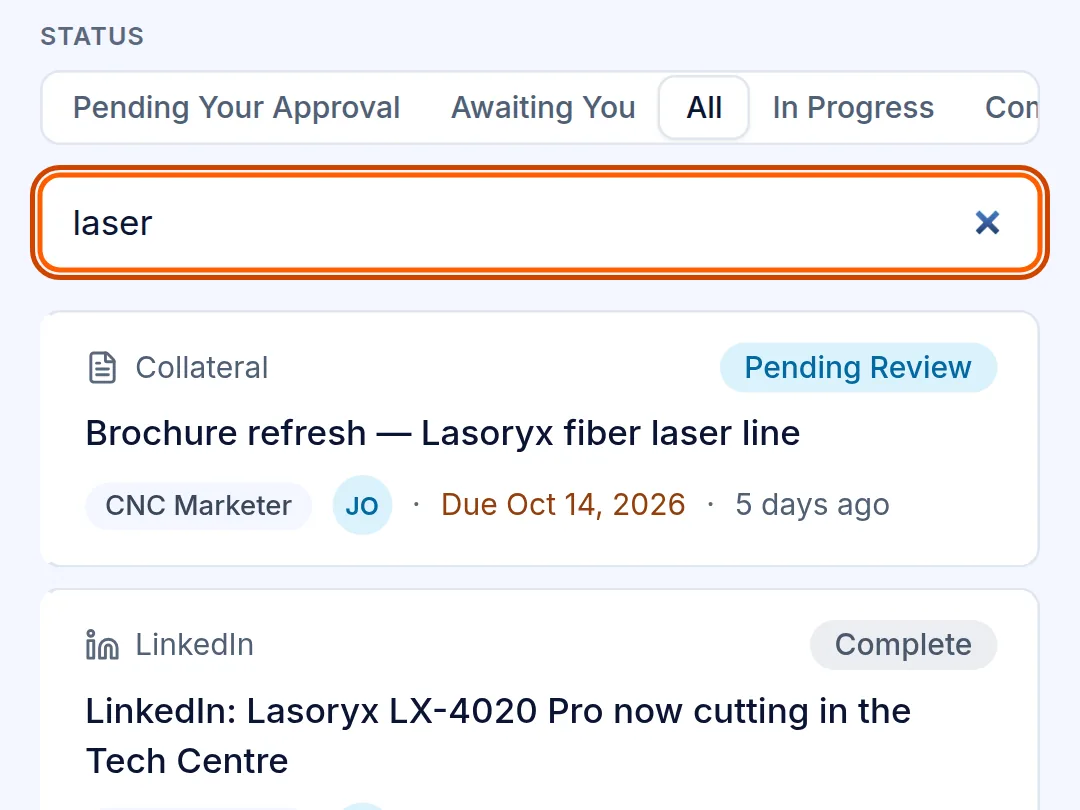 Marketing Hub on a phone, searched for laser: a brochure pending review above one completed LinkedIn post