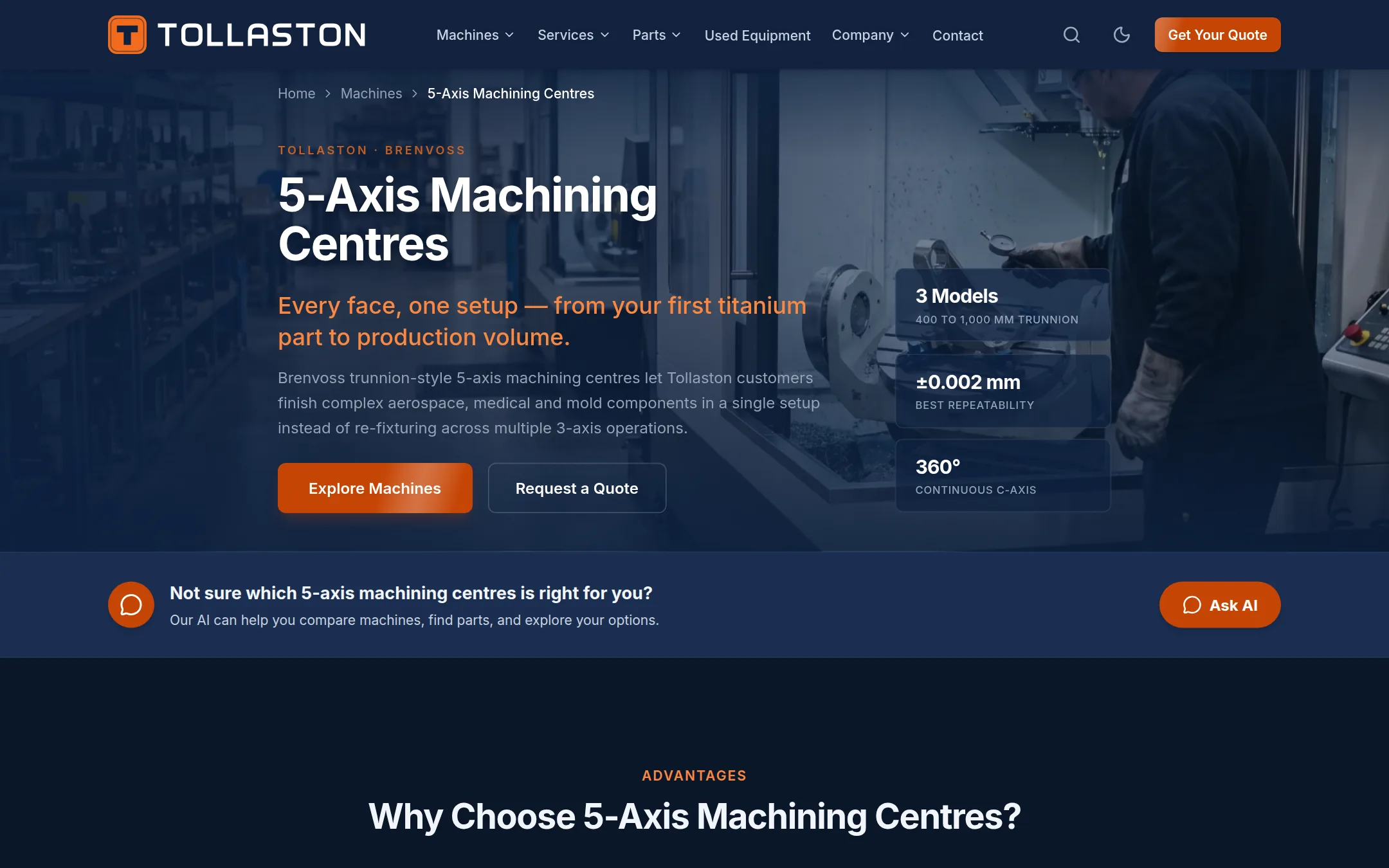 Machine category page with benefits, comparison table and models