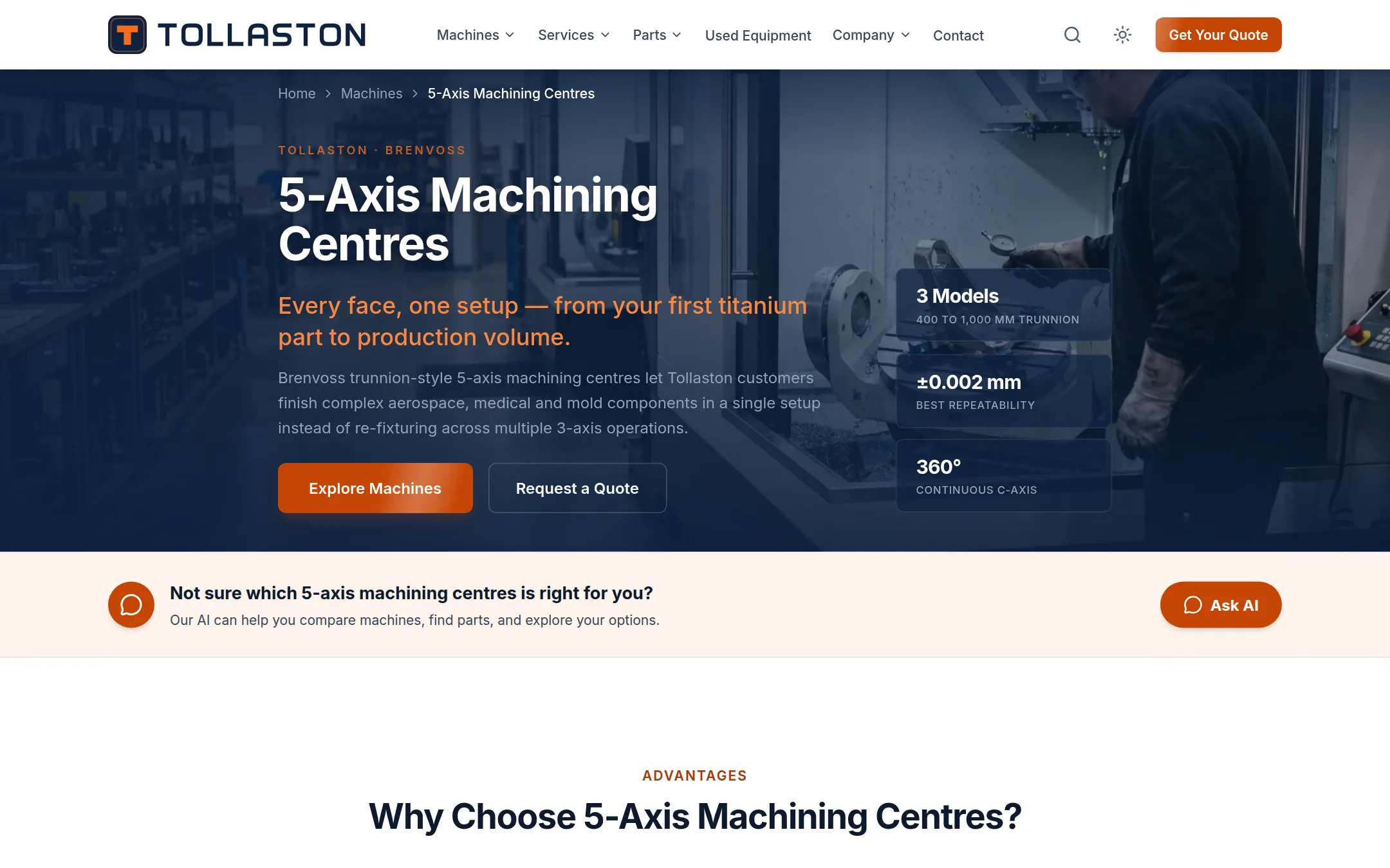 Machine category page with benefits, comparison table and models