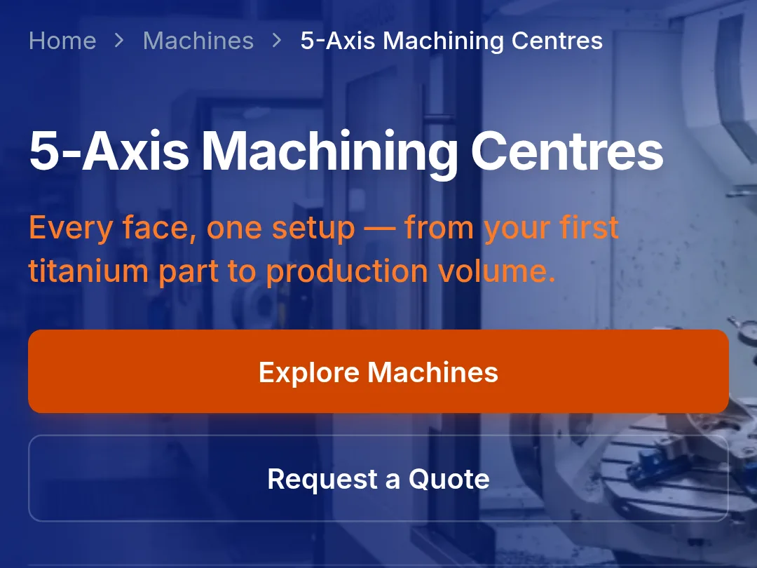 5-axis category page on a phone: title, tagline and the Explore Machines and Request a Quote buttons