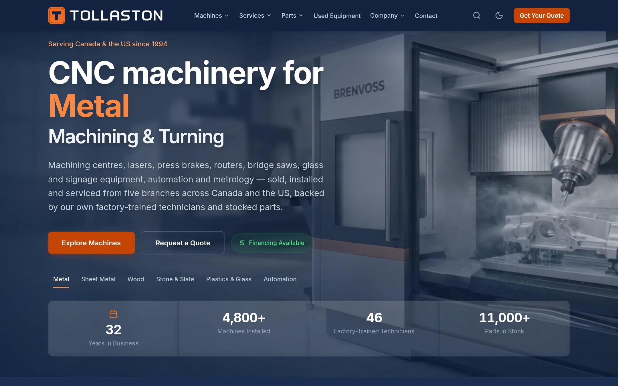 Home page of Tollaston Machinery, a fictional dealer, on the Dealer Website & Sales Platform