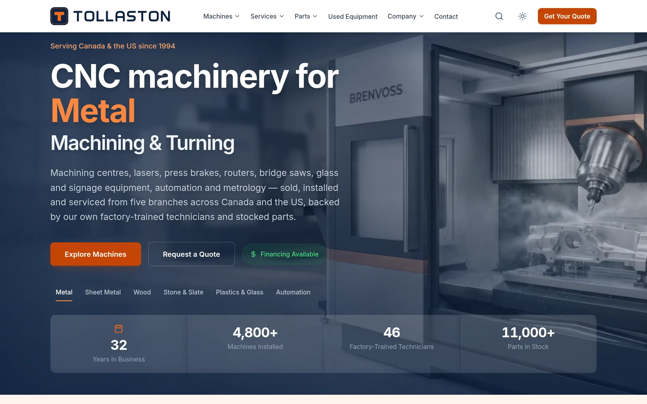 Home page of Tollaston Machinery, a fictional dealer, on the Dealer Website & Sales Platform