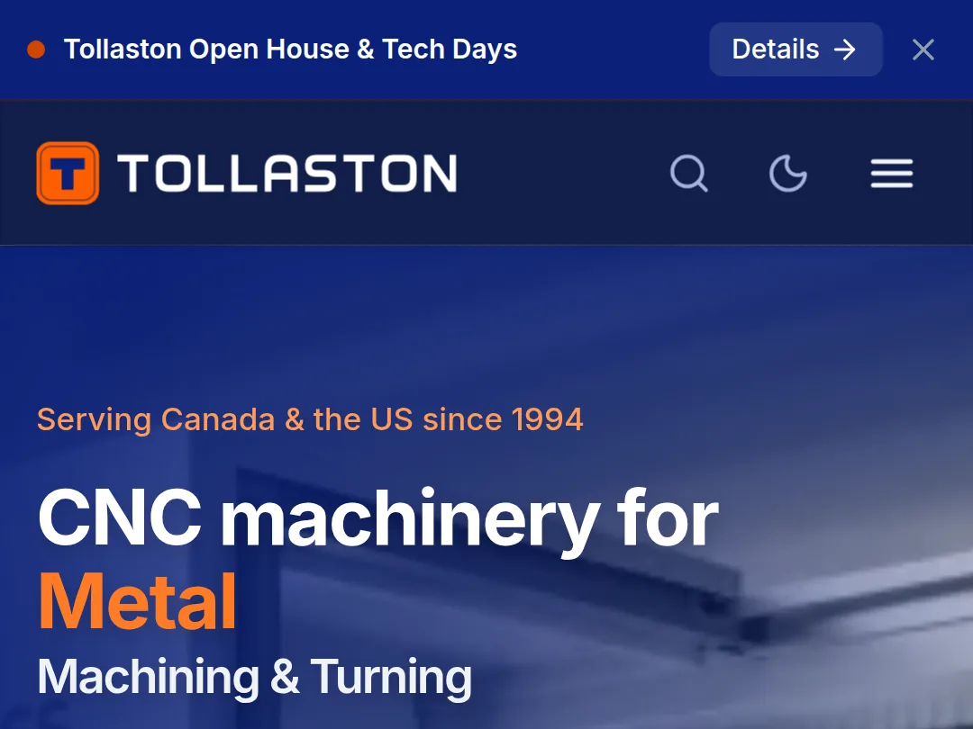 Home page of Tollaston Machinery on a phone: the header and the hero headline for metal machinery