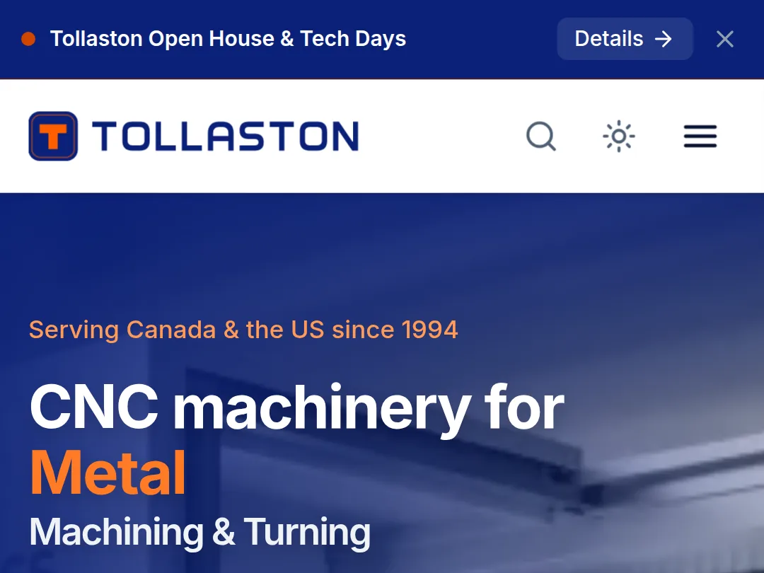 Home page of Tollaston Machinery on a phone: the header and the hero headline for metal machinery