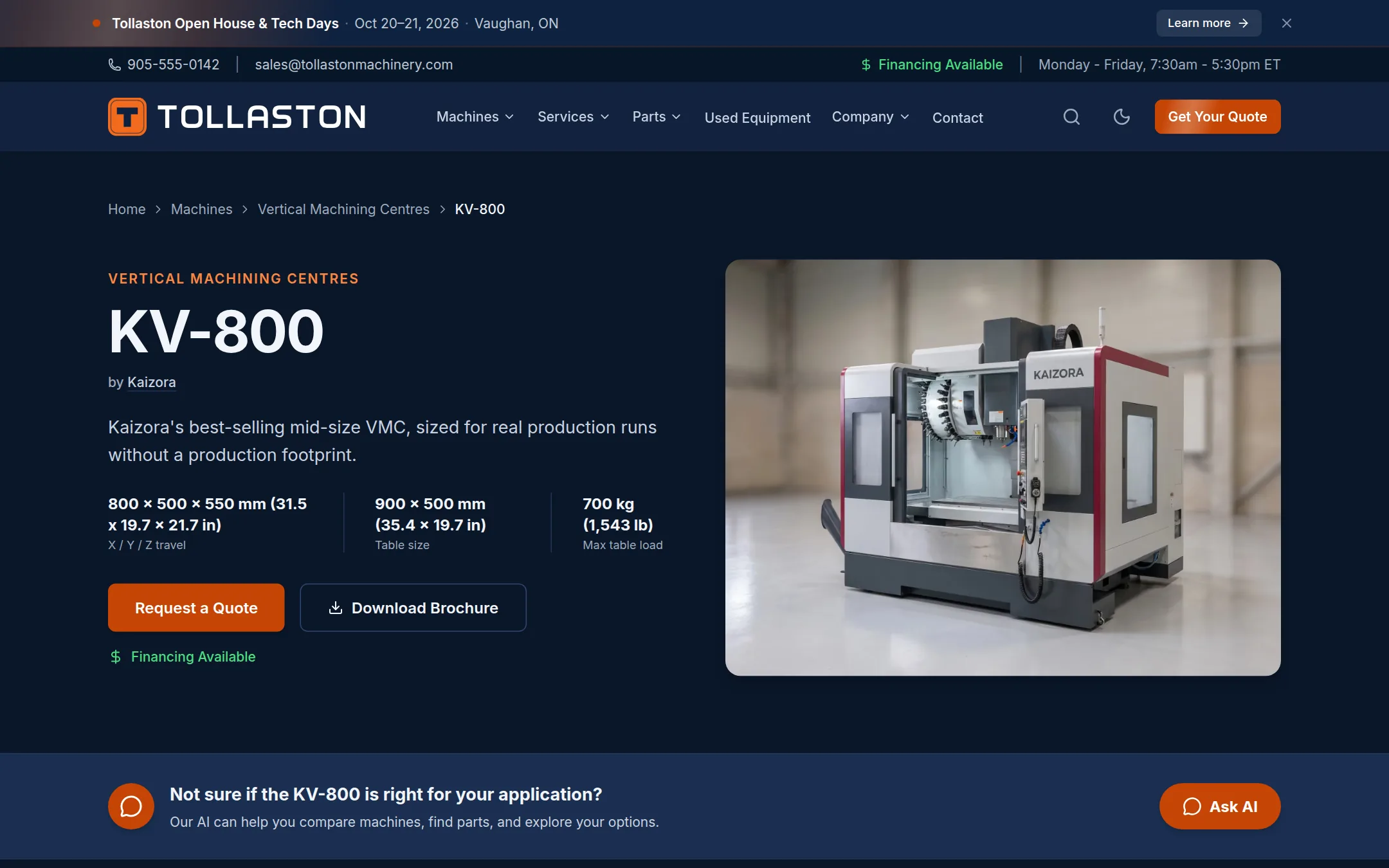 Machine page on the Dealer Website & Sales Platform: specifications, photos and a quote button