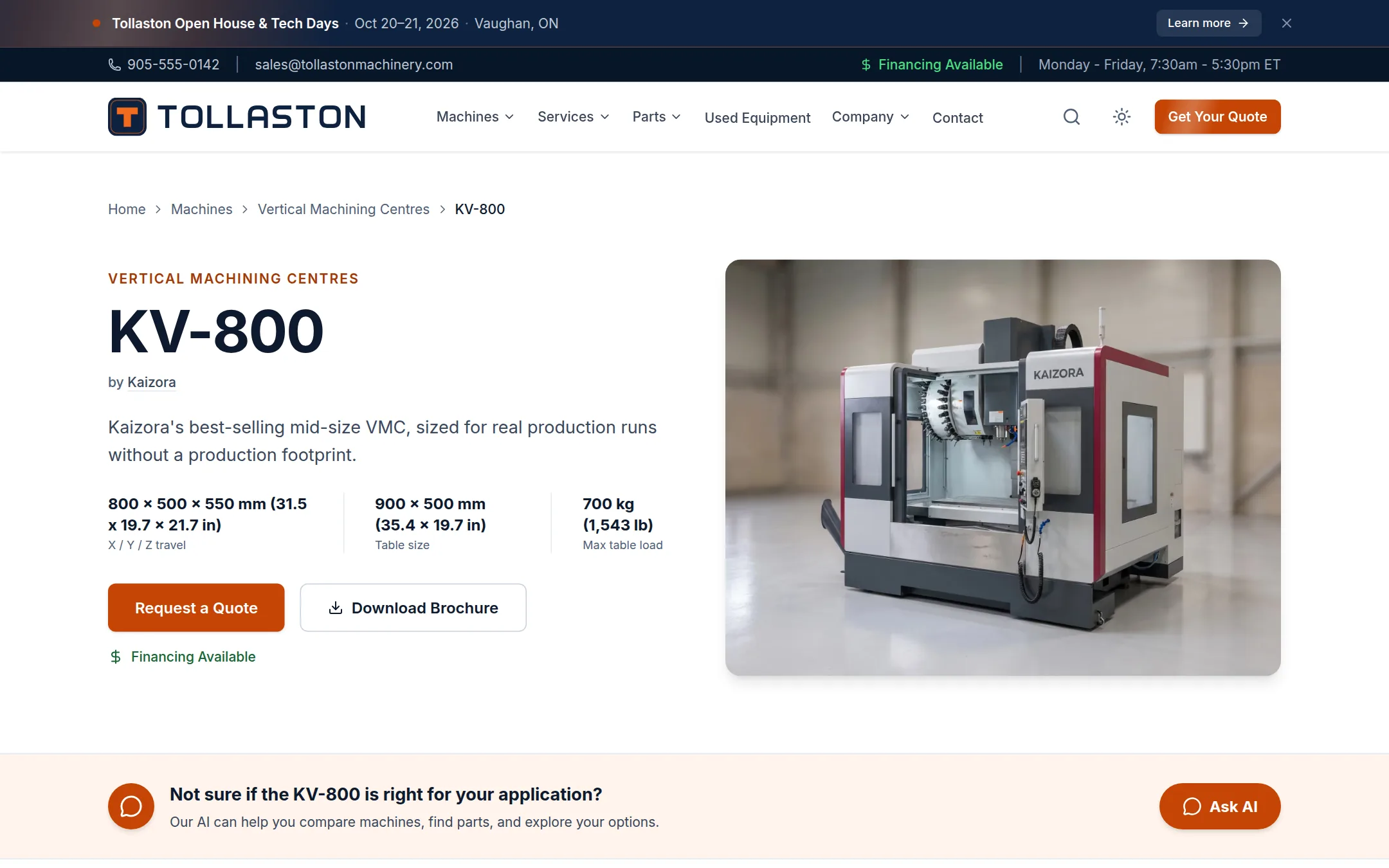 Machine page on the Dealer Website & Sales Platform: specifications, photos and a quote button