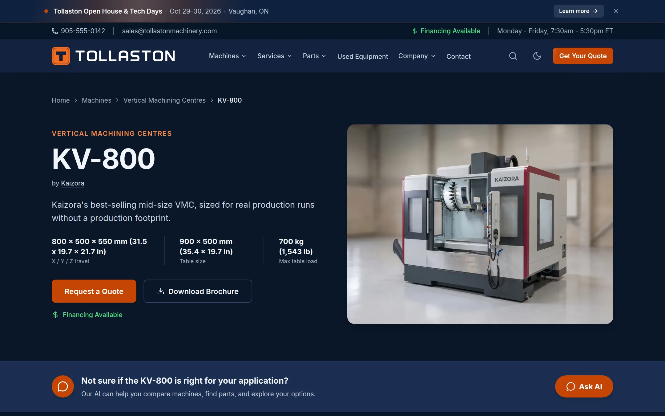 Machine page on the Dealer Website & Sales Platform: specifications, photos and a quote button