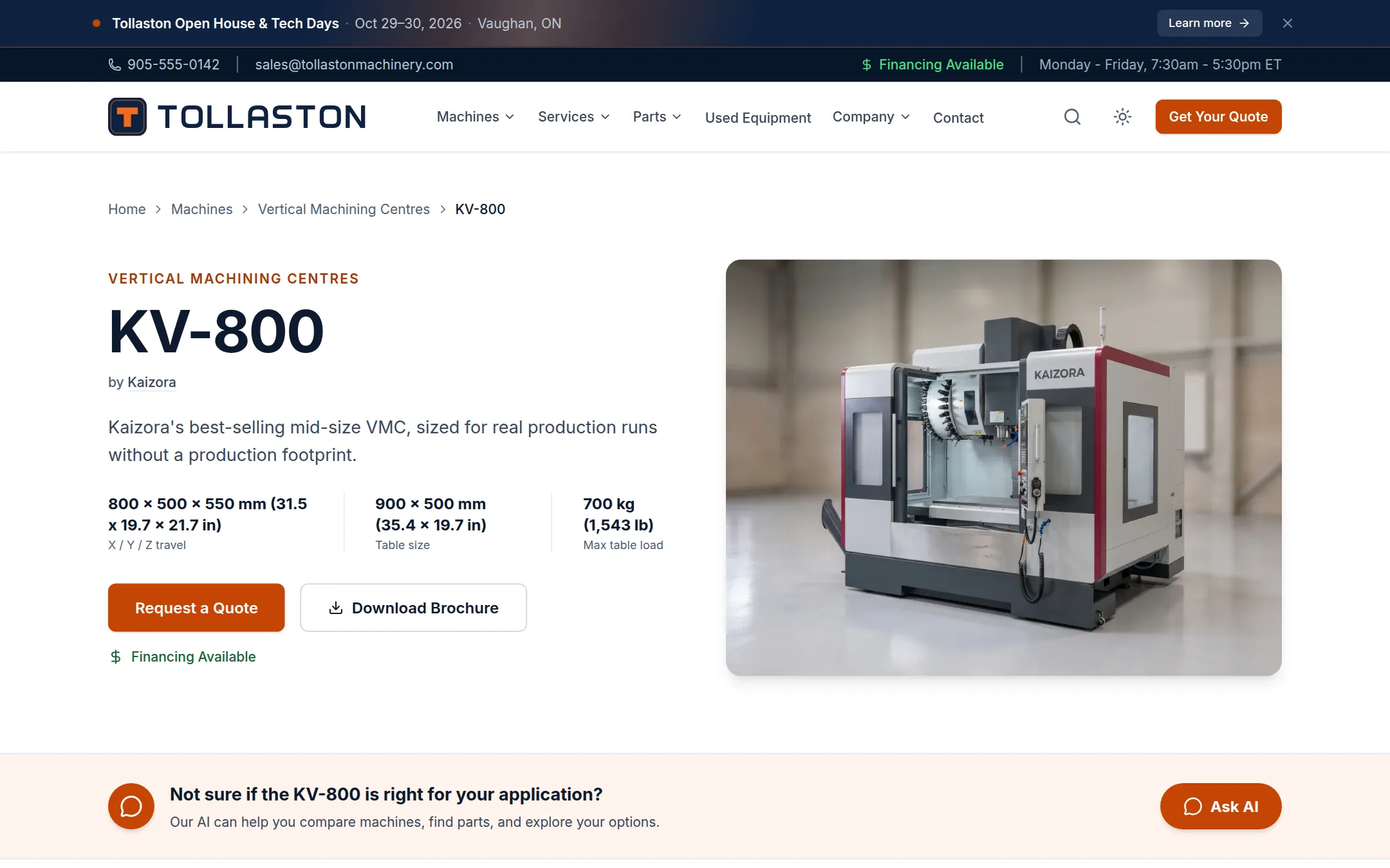 Machine page on the Dealer Website & Sales Platform: specifications, photos and a quote button