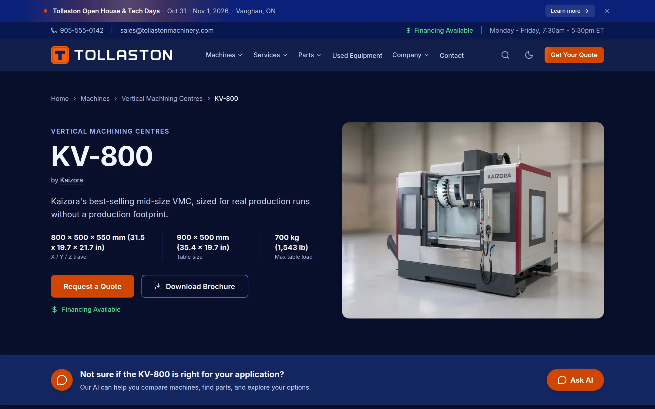 Machine page on the Dealer Website & Sales Platform: specifications, photos and a quote button