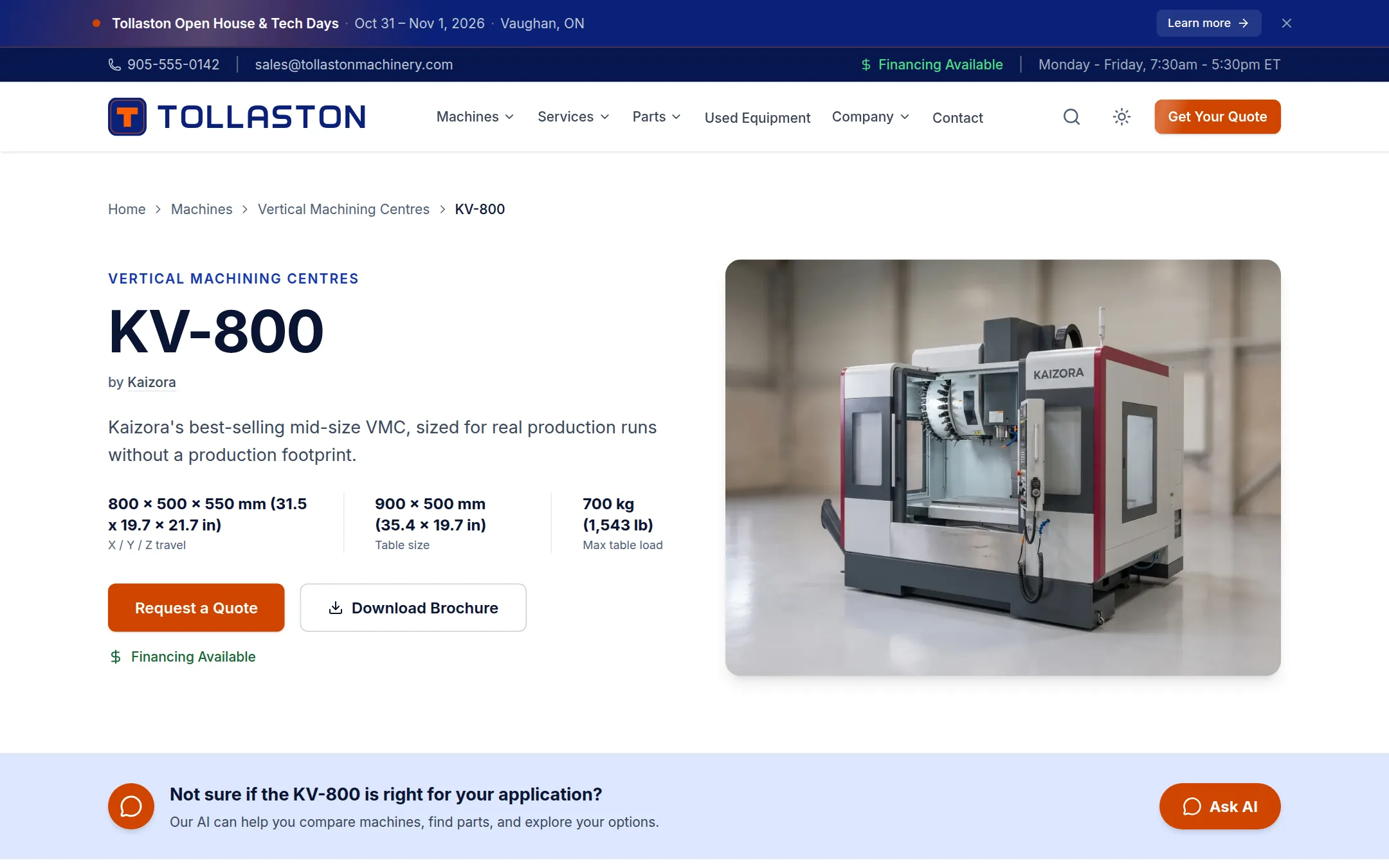 Machine page on the Dealer Website & Sales Platform: specifications, photos and a quote button