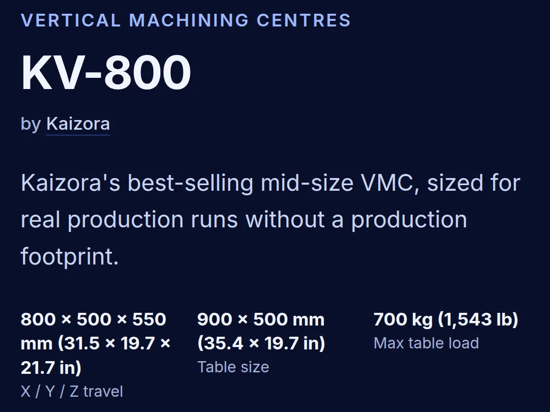 Machine page on a phone: the KV-800 title, make, one-line pitch and headline specifications