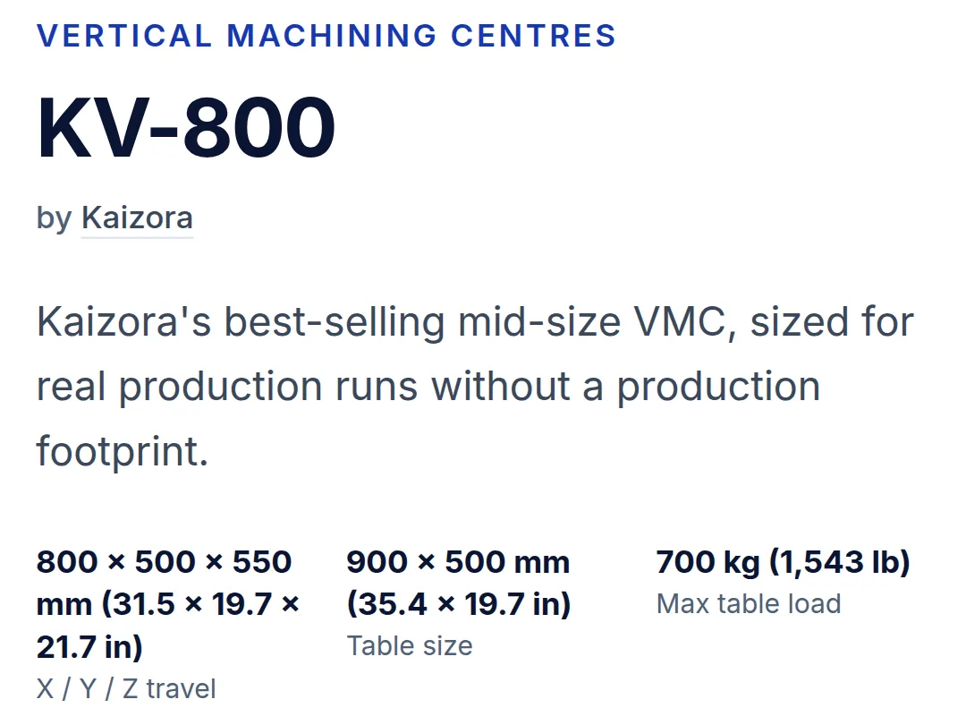 Machine page on a phone: the KV-800 title, make, one-line pitch and headline specifications