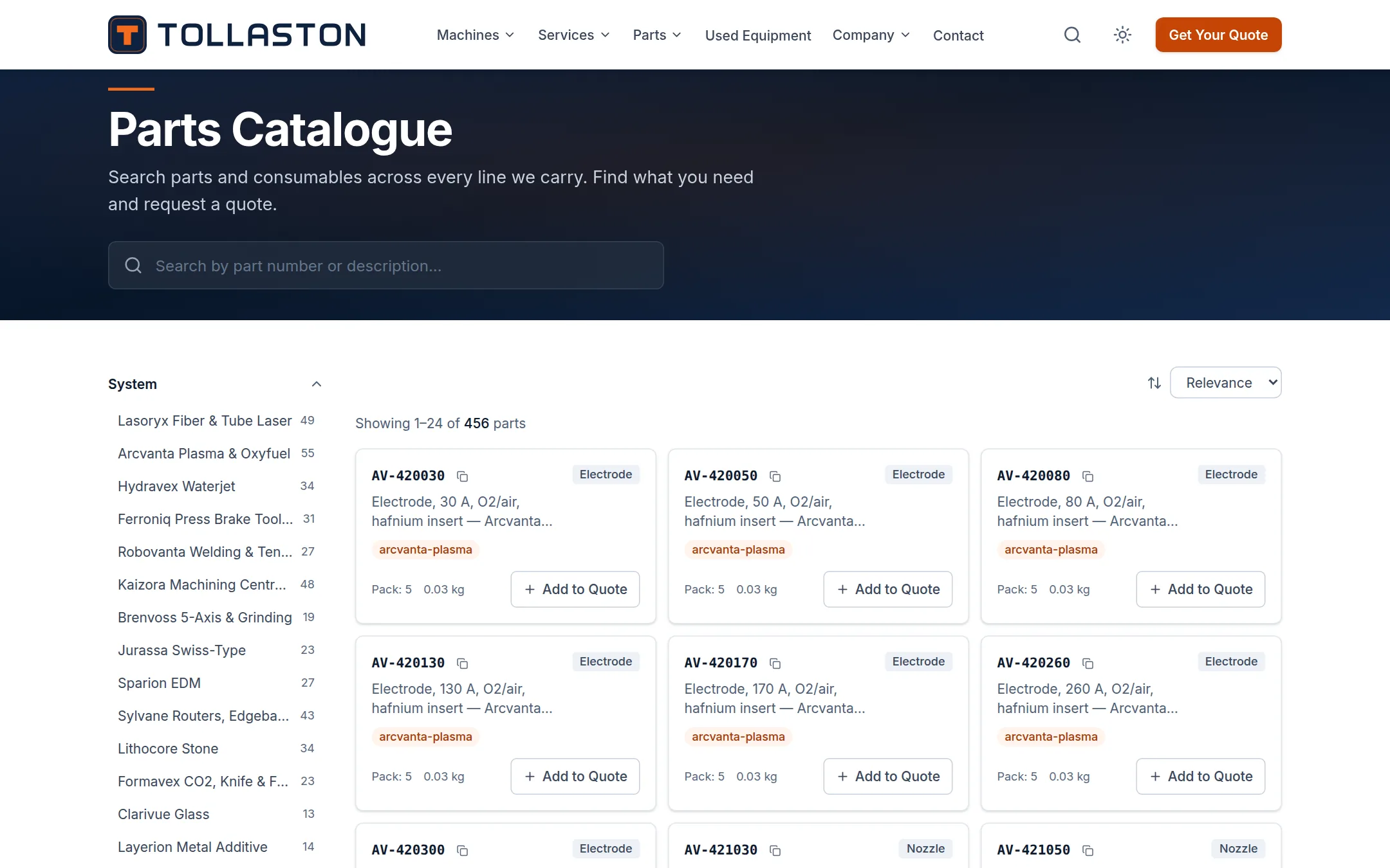 Searchable parts catalogue with add-to-quote buttons