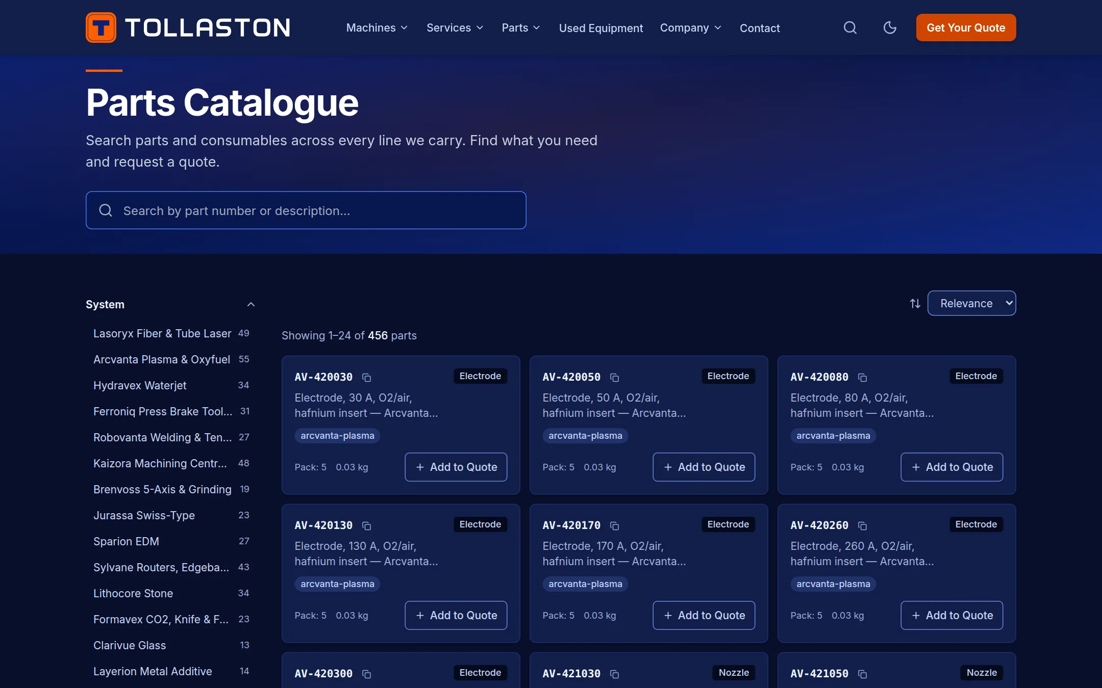 Searchable parts catalog with add-to-quote buttons