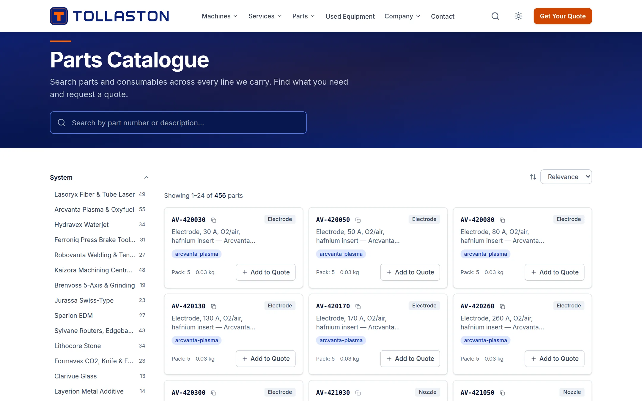 Searchable parts catalog with add-to-quote buttons