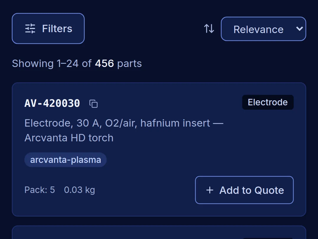 Parts catalog on a phone: filters, result count and a part card with an Add to Quote button