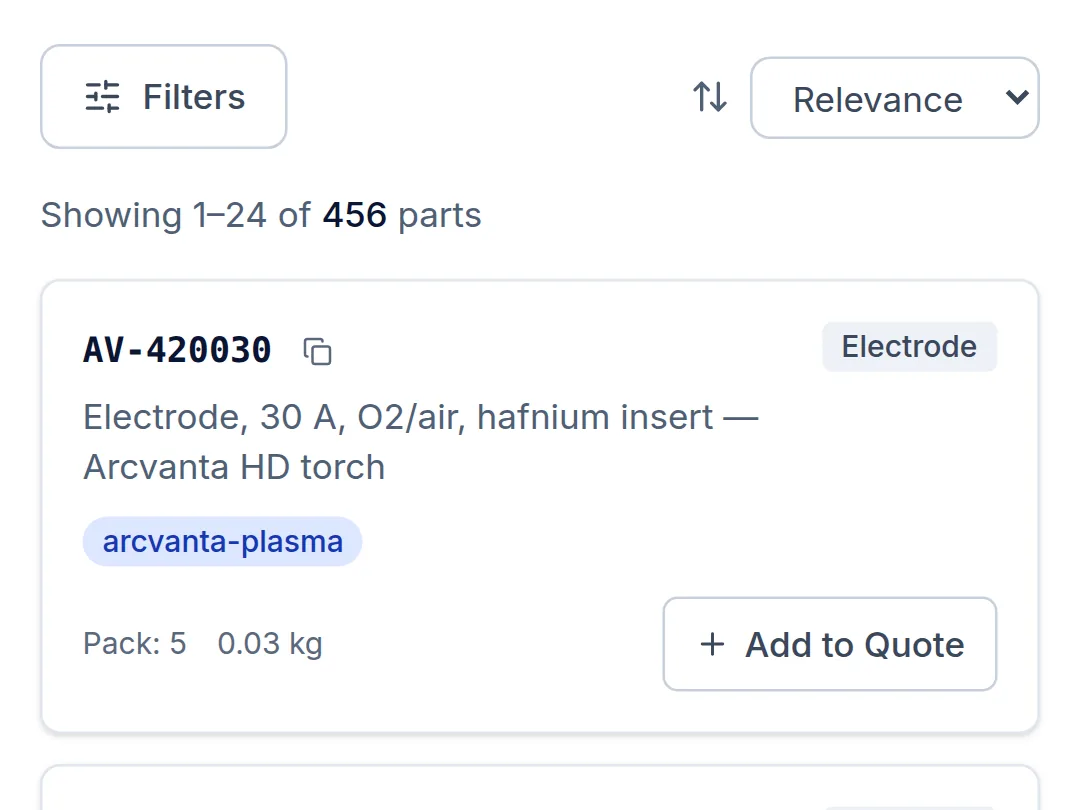 Parts catalog on a phone: filters, result count and a part card with an Add to Quote button