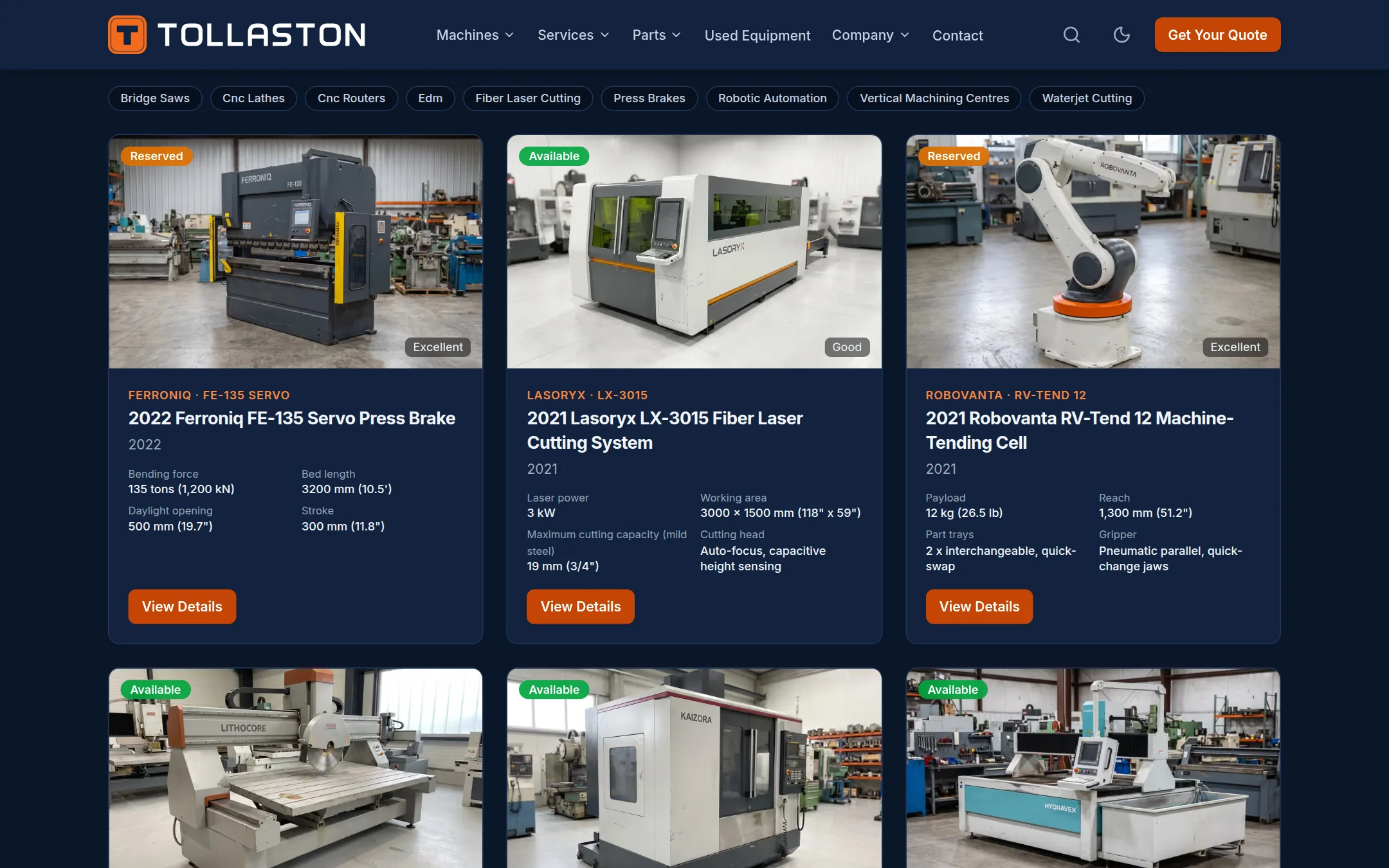 Used equipment listings with prices and condition