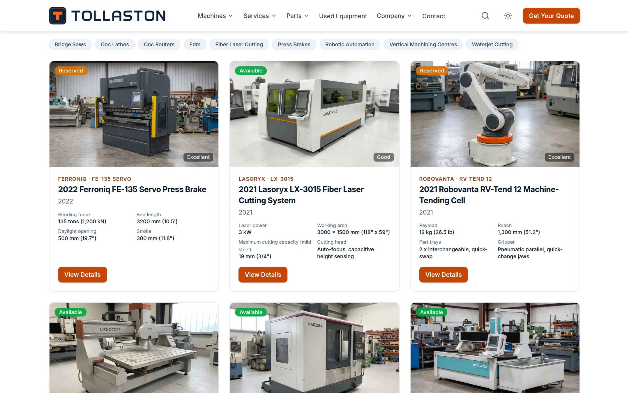 Used equipment listings with prices and condition