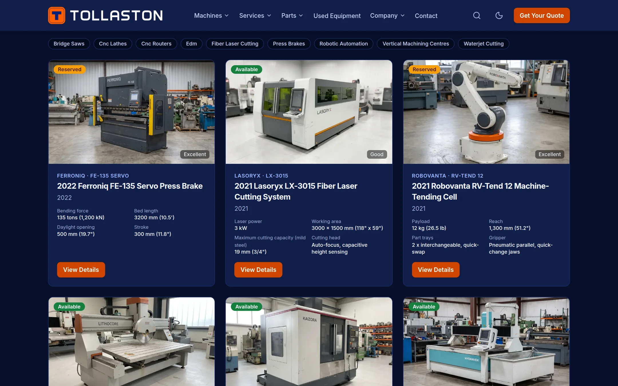 Used equipment listings with availability, condition and key specifications