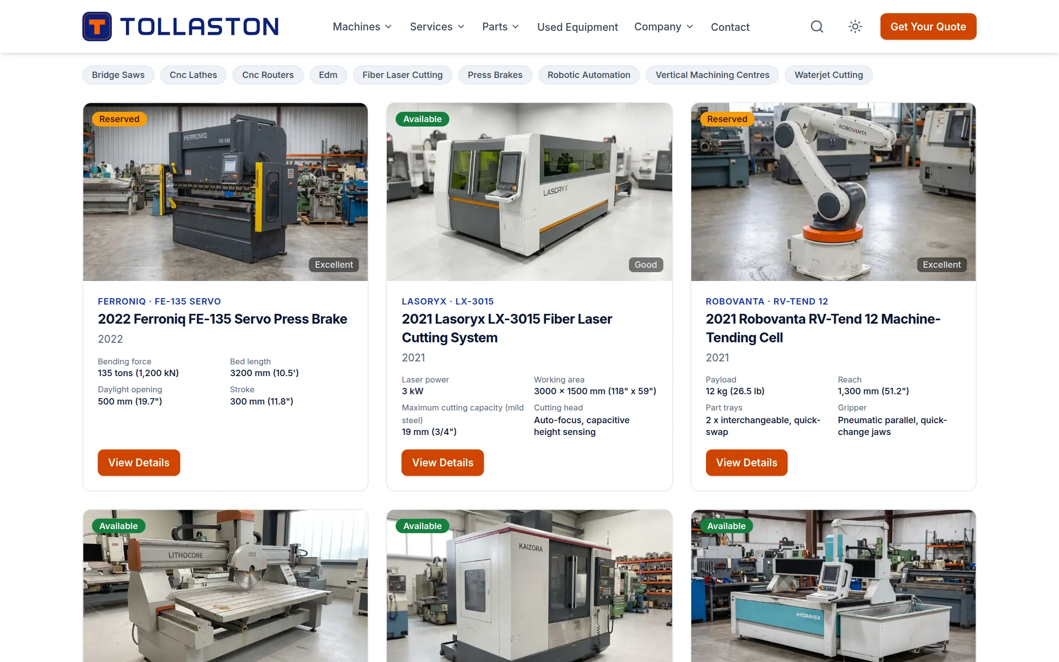 Used equipment listings with availability, condition and key specifications